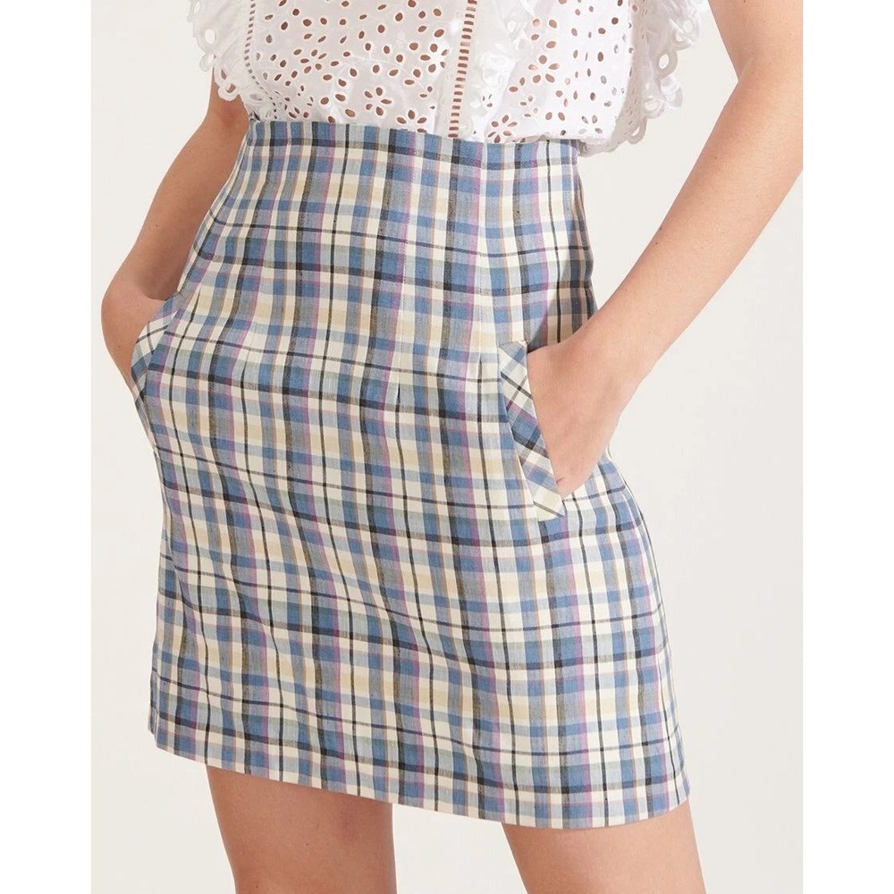 Veronica Beard Women's Roman Blue Plaid Print Knee Length Mini Skirt Size 0